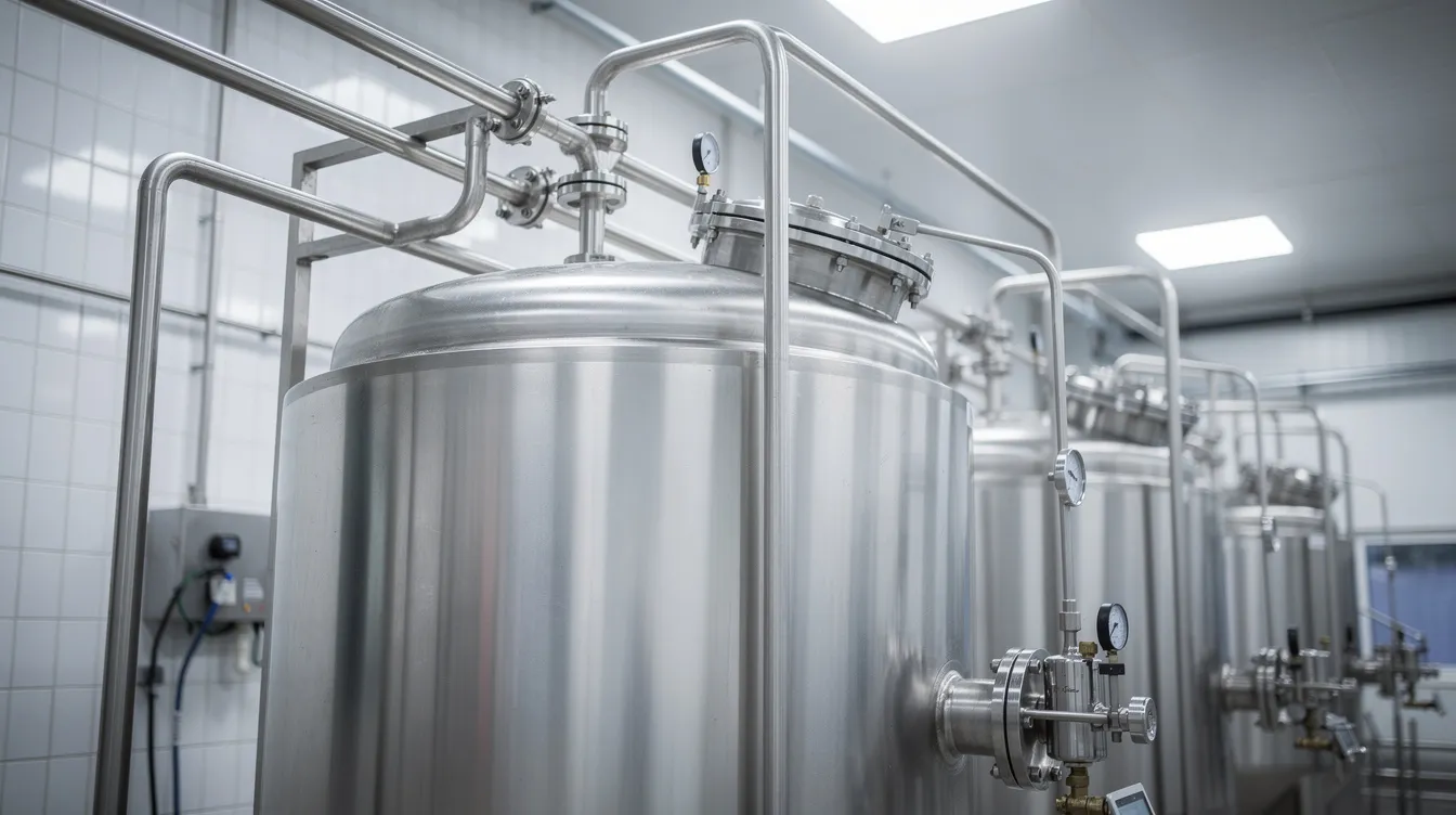 The image shows a close-up view of large stainless steel processing equipment inside a modern dairy factory, showcasing advanced machinery used in cheese production. This cutting-edge technology is essential for maintaining a hygienic environment and ensuring product consistency during the different stages of making cheese, such as curd formation and pressing.