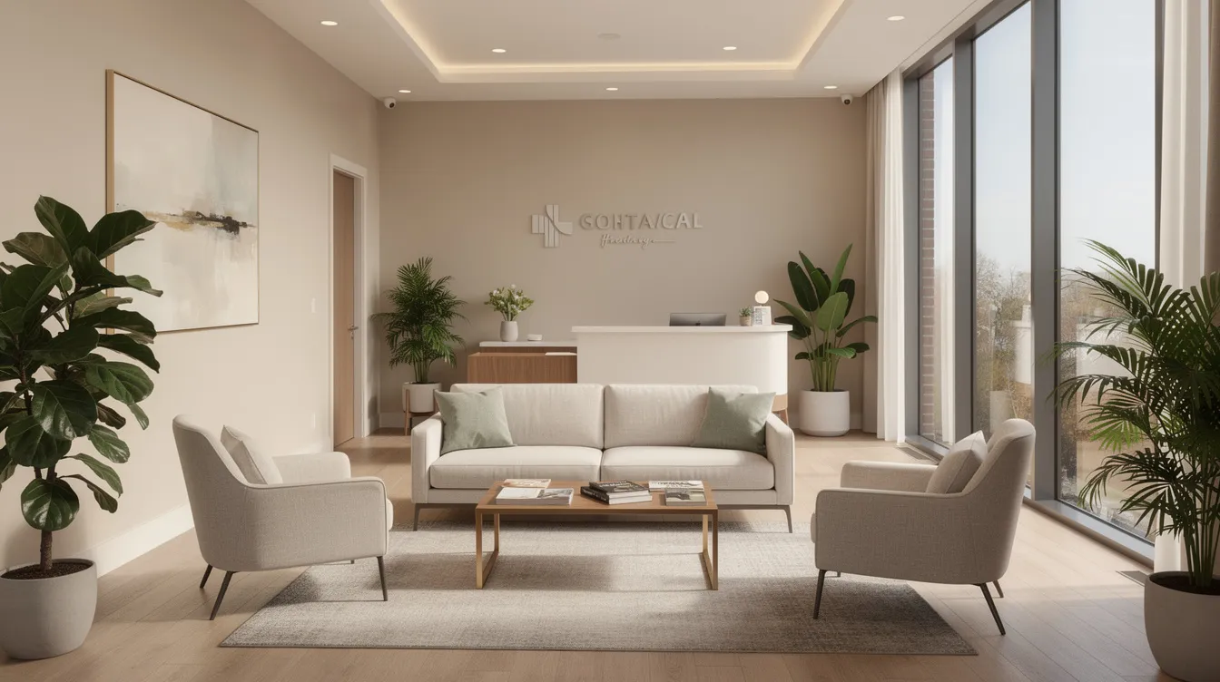 The image depicts a warm, modern medical office waiting area featuring comfortable seating and abundant natural light, creating a welcoming environment for patients seeking hormone therapy consultations. This tranquil space is designed to enhance overall health and well-being, making it ideal for those addressing hormonal imbalances or menopause symptoms.
