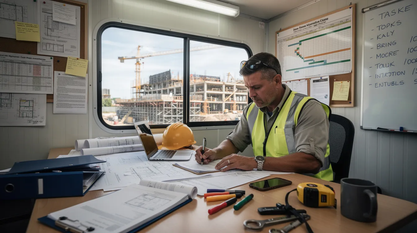 A project manager is seated at a desk inside a construction site office trailer, meticulously reviewing paperwork and documents related to prevailing wage requirements and certified payroll for federally assisted construction contracts. The environment reflects the construction industry, emphasizing the importance of adhering to the Davis-Bacon Act and ensuring fair pay for laborers on specific projects.