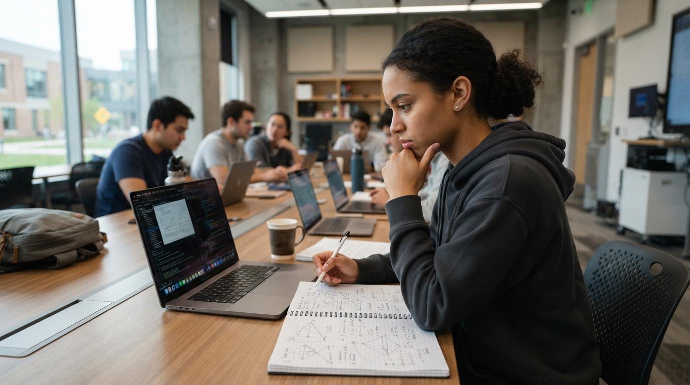 Photorealistic college student analyzing a technical assignment on a laptop with a focused expression, notebook filled with diagrams and calculations, modern classroom.