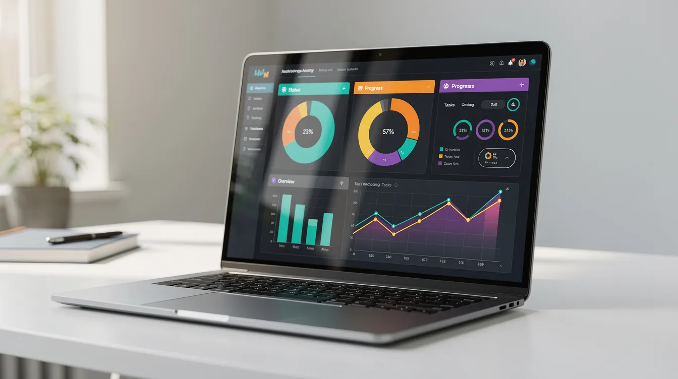 A modern laptop showing a dashboard with progress charts and status indicators, designed for apprenticeship milestone tracking.