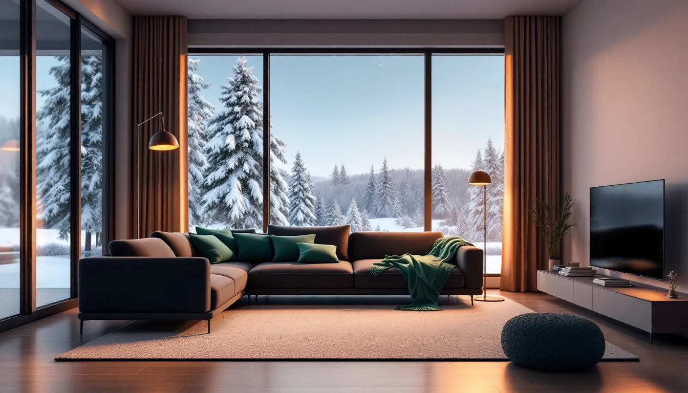 A cozy living room set to the optimal winter temperature.