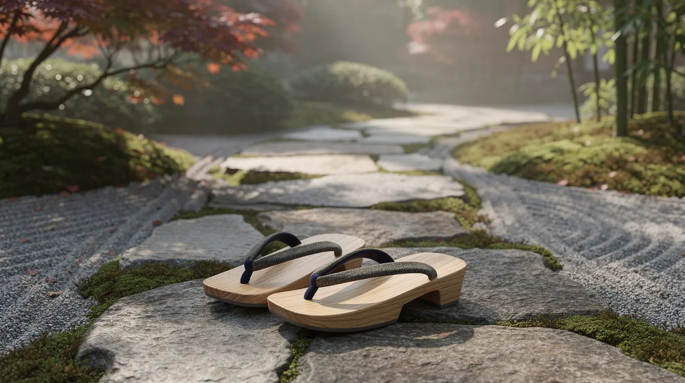 The image features traditional wooden geta sandals resting on a stone pathway, surrounded by the serene beauty of a Japanese garden adorned with cherry blossoms. This scene captures an essence of Japanese culture, often associated with wearing a kimono or yukata during springtime outings.