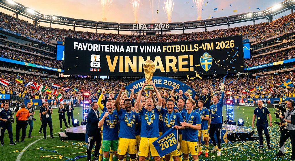 Svenska landslaget firar seger i Fotbolls VM 2026 och lyfter pokalen efter finalen i världsmästerskapet i fotboll 2026, som spelas i USA, Kanada och Mexiko och avslutas 19 juli.