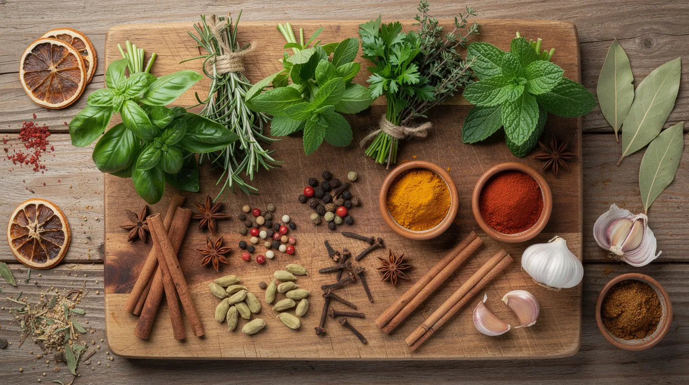 The image showcases a variety of fresh herbs, spices, and botanical ingredients beautifully arranged on a wooden cutting board, highlighting their vibrant colors and textures. These ingredients are often associated with supporting healthy cholesterol levels and promoting overall cardiovascular and metabolic health.