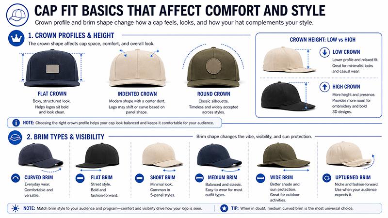 cap fit basics infographic comparing crown profiles crown height and brim types for comfort style and logo visibility
