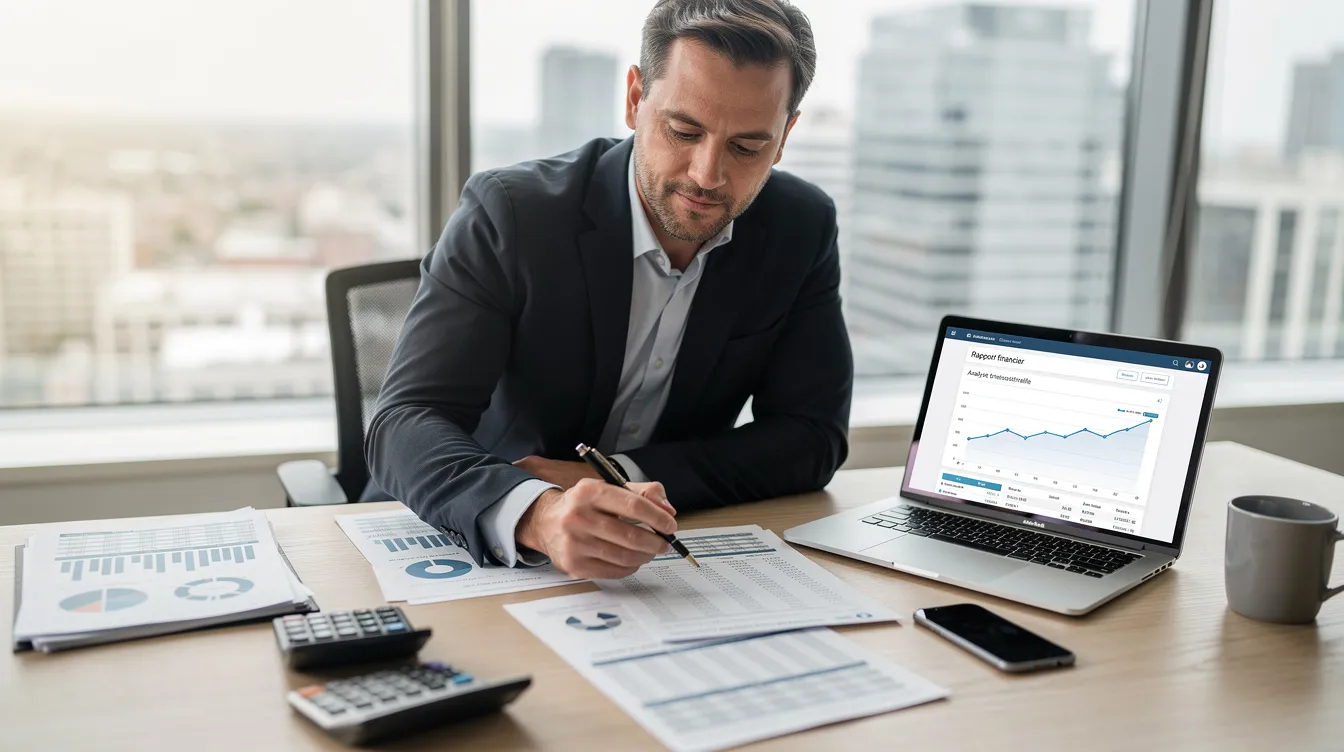 Un entrepreneur examine des documents financiers tout en utilisant un ordinateur portable sur un bureau, symbolisant l'importance de la gestion et de la digitalisation pour les entreprises en région de Bruxelles-Capitale. Cette scène évoque également des thèmes liés à la création de sites web et à la prime digitalisation, essentiels pour le développement économique local.