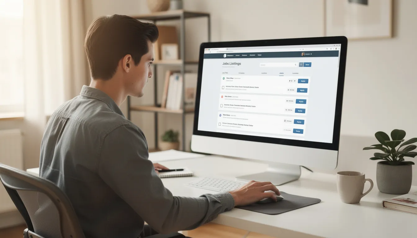 A young professional sits at a desk in a home office, intently reviewing job listings on a computer screen, exploring various opportunities in their industry. The environment is organized and modern, reflecting a commitment to career development and innovative thinking for job seekers.