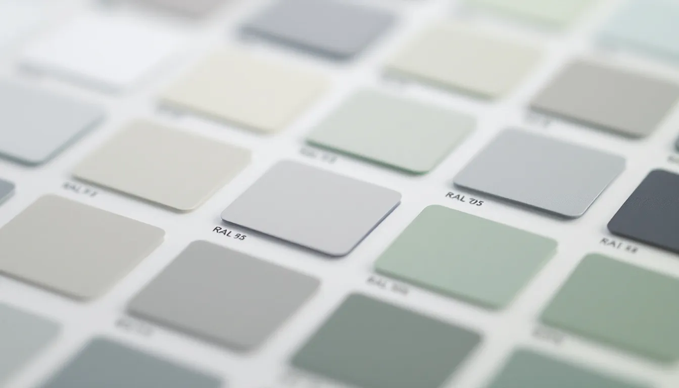 Een kleurenwaaier toont een selectie populaire RAL kleuren voor aluminium kozijnen, met een focus op de strakke uitstraling en moderne uitstraling van aluminium ramen. Deze kleuren zijn ideaal voor het creëren van een stijlvolle afwerking in nieuwbouwprojecten en bieden uitstekende kwaliteit en thermische isolatie.