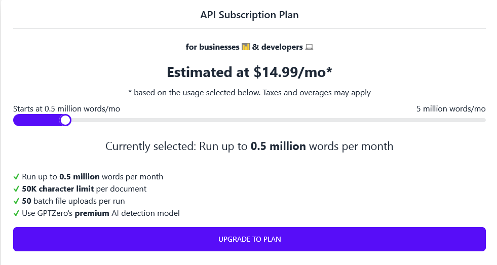 GPTZero API costs