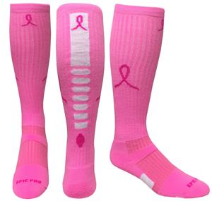 Being a part of team sport means opportunities to raise money for causes like breast cancer research. Find these at Epic Sports. Players will often wear long pink socks like these.