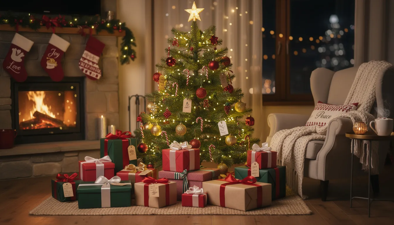 En mysig julscen med inslagna presenter under en vackert dekorerad julgran, där både stora och små paket ligger samlade. Det är en perfekt plats för barn att hitta sina julklappar och föräldrar att tänka på hur mycket pengar de ska lägga på presenter.