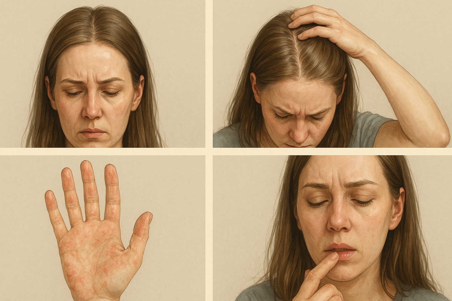 Kvinne med synlige symptomer på sinkmangel som hårtap, hudutslett og sprukne lepper, vist i realistiske portretter.