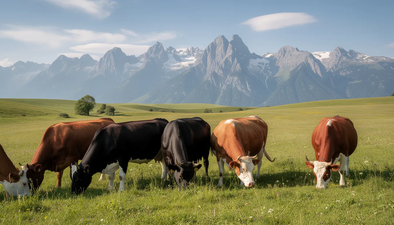 A serene landscape featuring cattle grazing peacefully in an open pasture, with majestic mountains rising in the background. This idyllic scene captures the essence of nature, highlighting the tranquil environment where animals thrive.