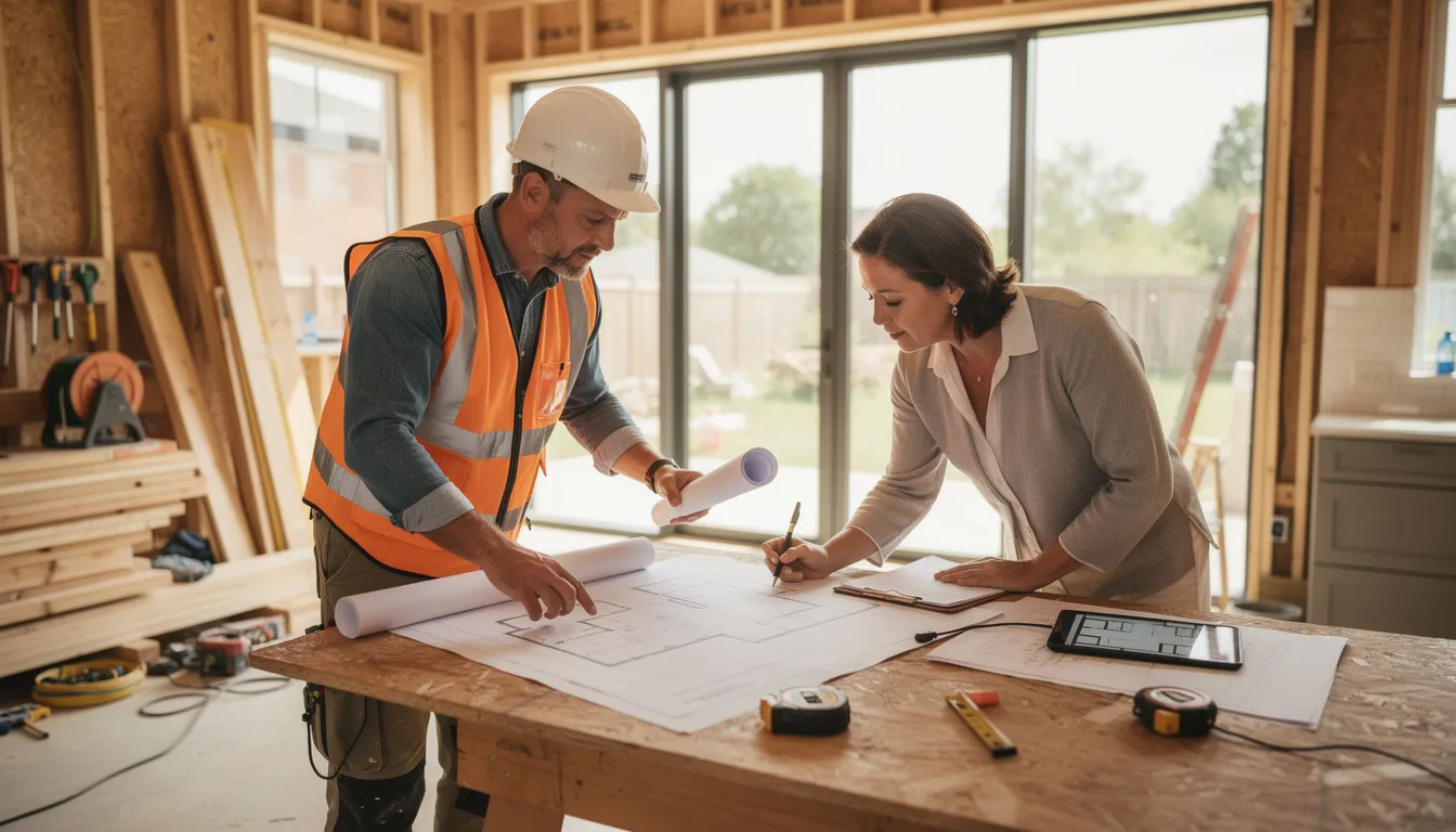 A builder and a homeowner are engaged in a discussion at a kitchen extension construction site, reviewing project documents to ensure clear communication and mutual understanding of project progress. This in-person meeting highlights the importance of effective communication in achieving better project outcomes and avoiding potential delays.