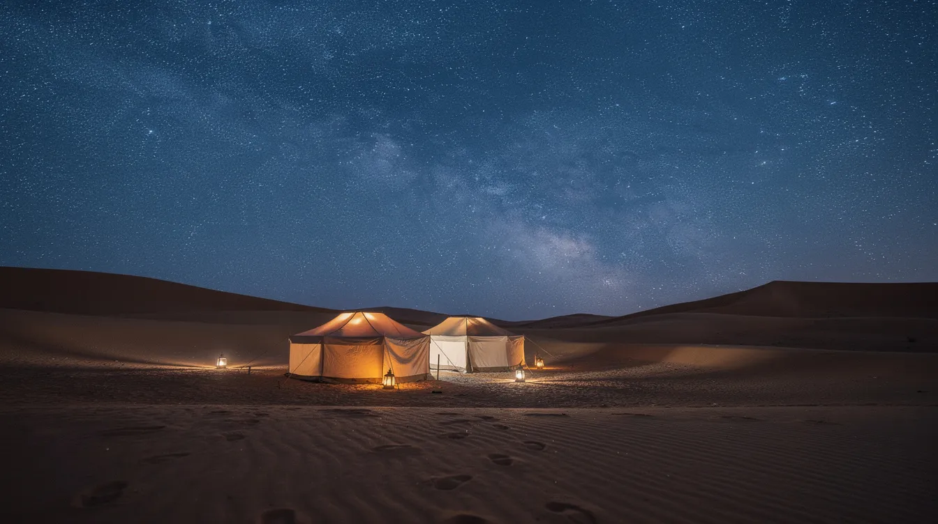 A stunning starry night sky blankets a cluster of illuminated desert tents at a luxury camp in the Sahara Desert, with majestic sand dunes rising in the background. This serene scene captures the essence of a magical evening, perfect for those seeking an amazing experience in the Moroccan Sahara.