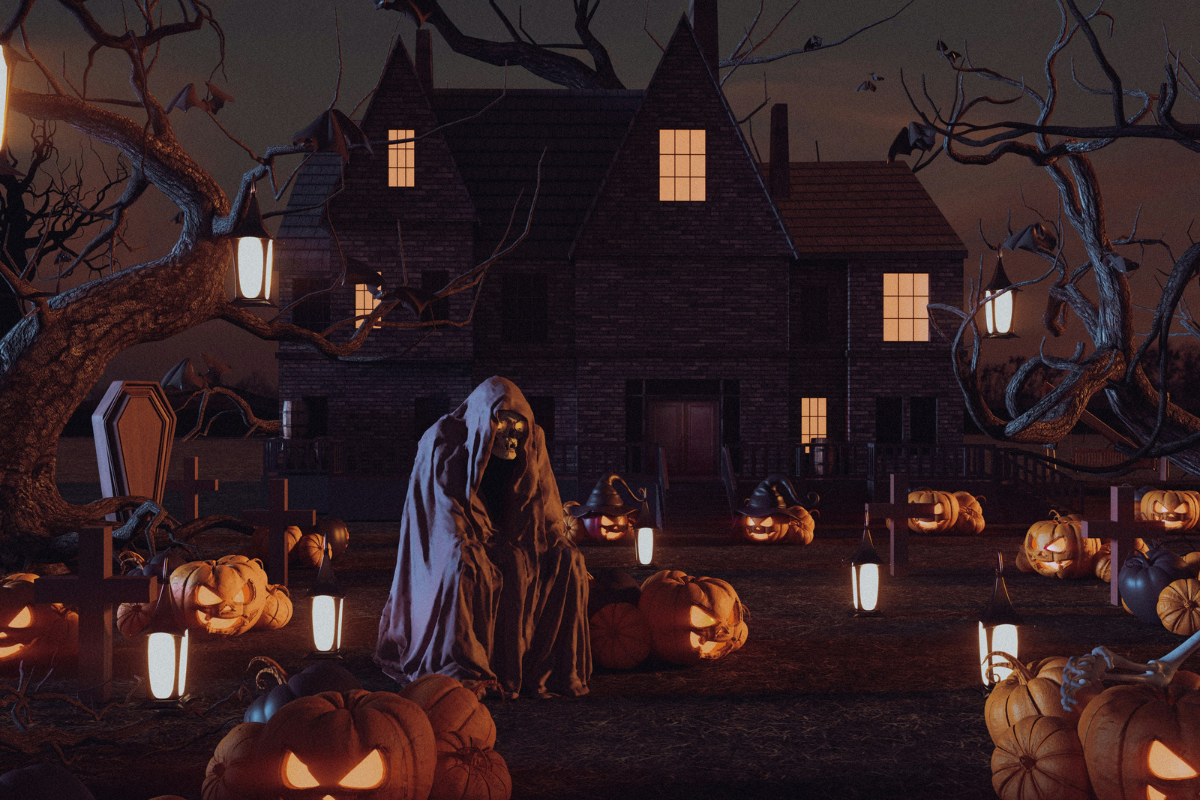 A haunted house yard decorated with pumpkins and spooky elements for Halloween.