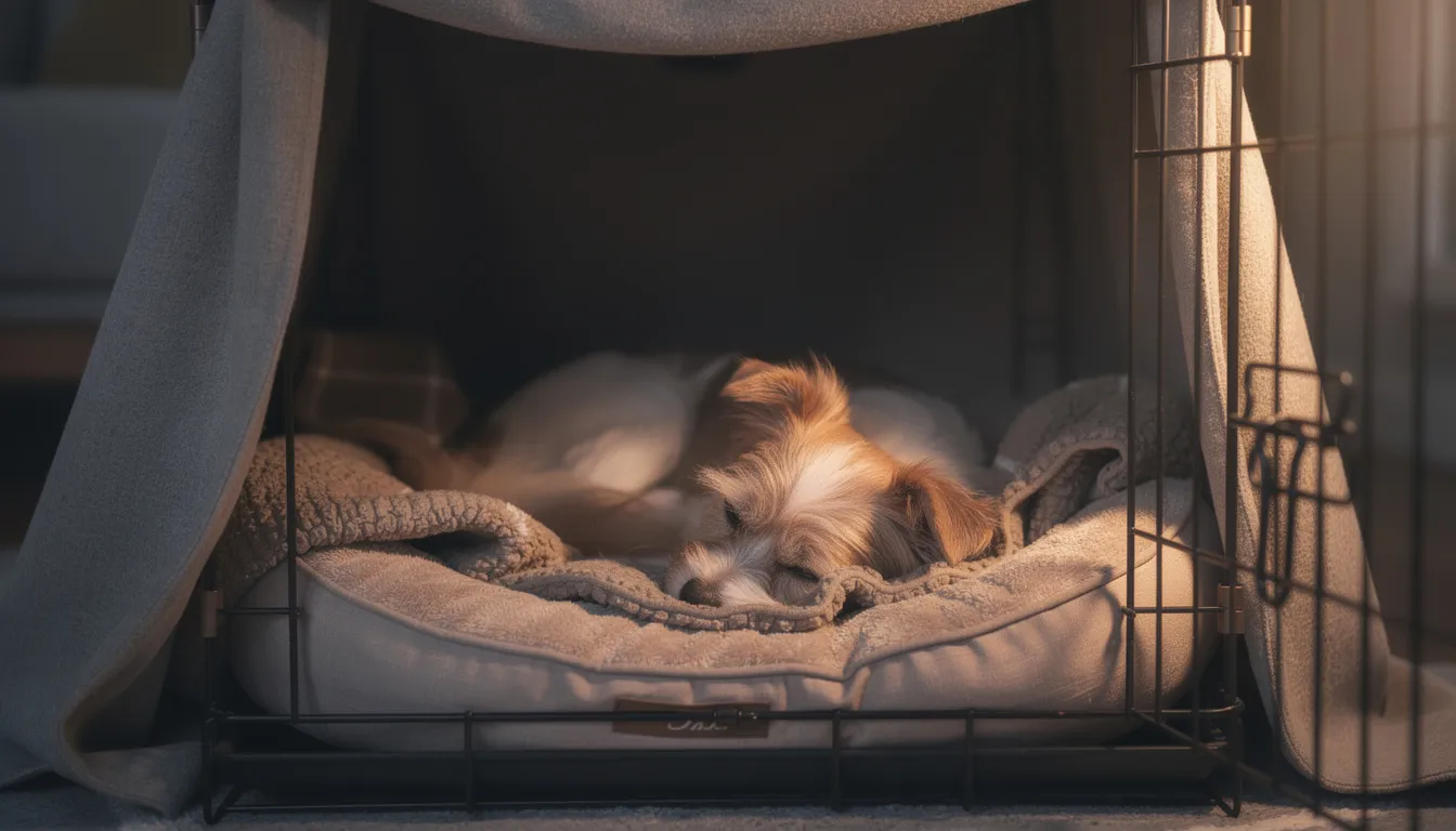 A small dog is peacefully sleeping inside a cozy covered crate, surrounded by soft blankets, creating a perfect indoor sanctuary for relaxation. This serene scene highlights the importance of indoor enrichment ideas for pets, especially for those who spend time alone while their owners work or travel.