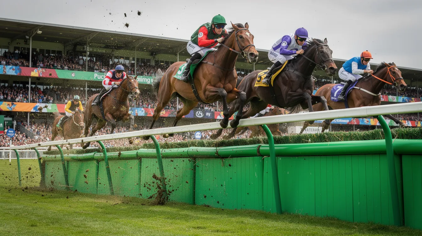 A group of seven horses, including notable grand national runners, are seen leaping over large green fences at a famous steeplechase racecourse, capturing the excitement of jump racing. The image showcases the intensity of the competition as these grand national contenders navigate the course.