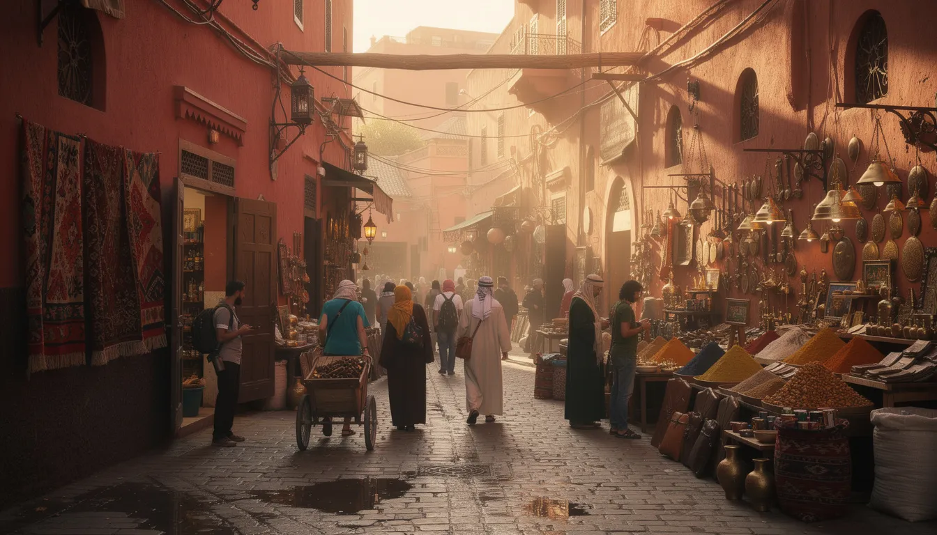 A bustling street in the traditional Marrakech medina features vibrant red ochre walls, with locals and tourists mingling amidst food stalls offering local cuisine. The lively atmosphere captures the essence of Moroccan culture, making it an essential stop for anyone looking to explore Marrakech.