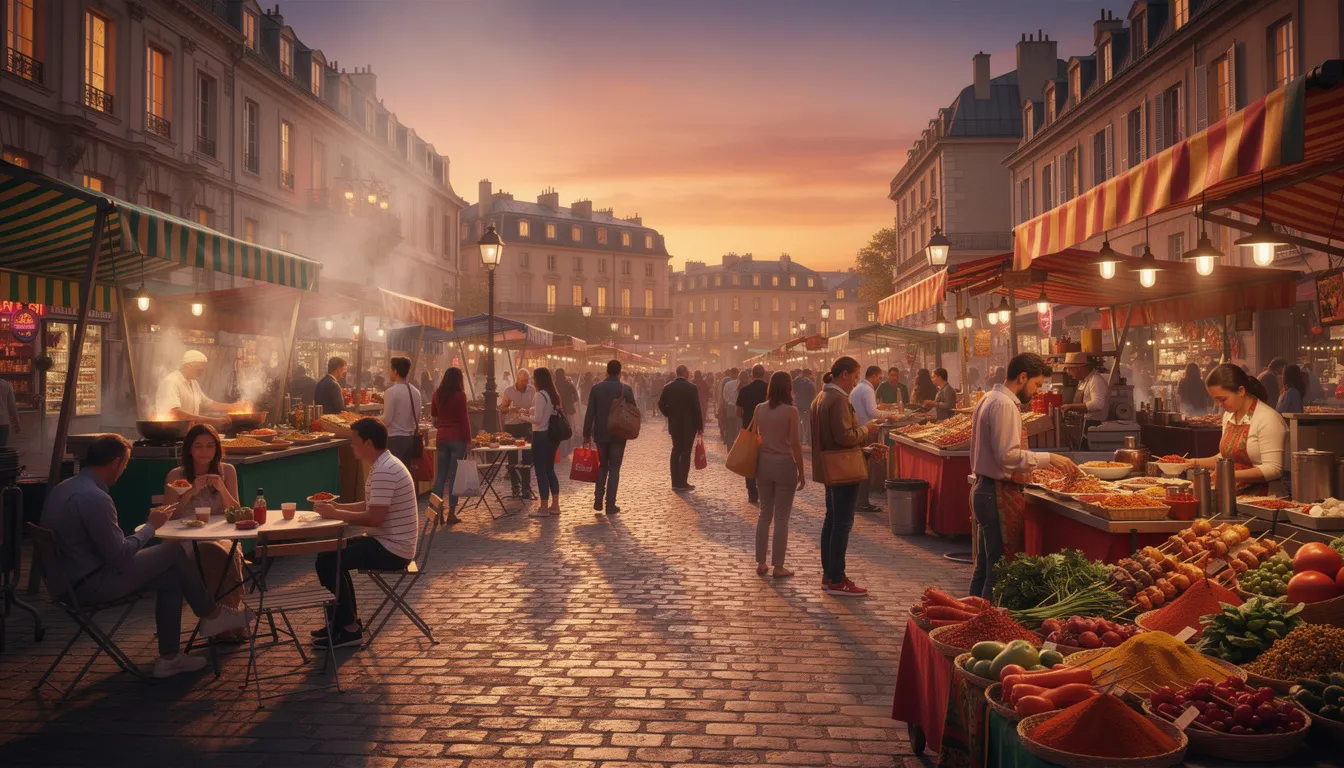 The image depicts a bustling market square at sunset, illuminated by warm orange lighting, filled with vibrant food stalls and crowds of people enjoying the lively atmosphere. This scene captures the essence of Moroccan city life, showcasing the rich culture and good food that travelers can experience while visiting Morocco.