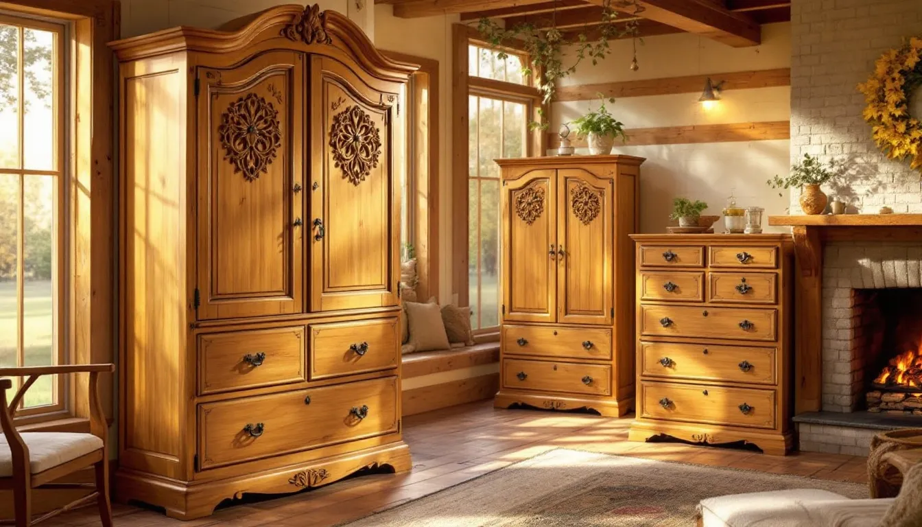 A display of various oak tallboy dressers available for purchase in a furniture store.