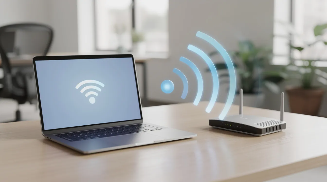 An office environment features a laptop connecting to a wireless router, with visible signal waves indicating strong wi-fi connection. This setup highlights the importance of wireless network monitoring for optimal performance and connectivity.