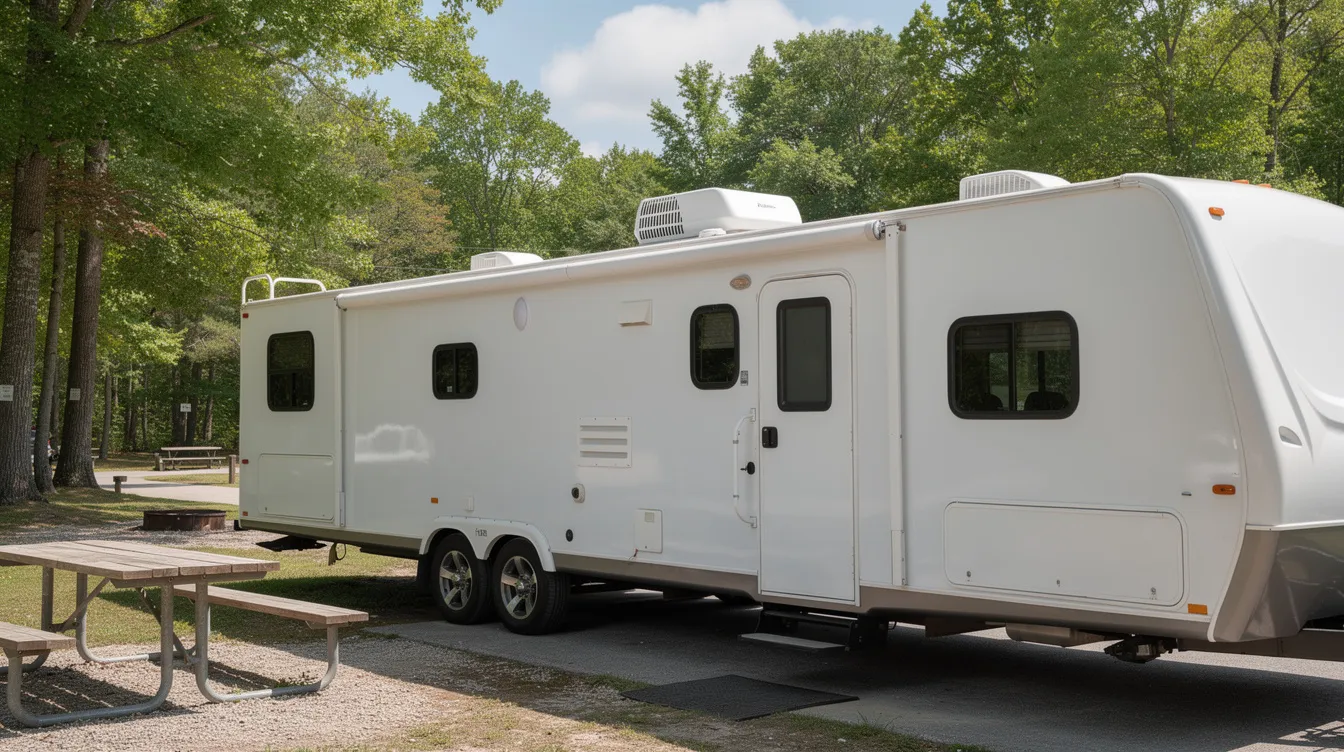 A rooftop air conditioning unit is mounted on a white travel trailer parked at a campground, providing cooling for warmer climates. This sleek RV air conditioner is designed for efficient performance, ensuring comfort during camping trips.