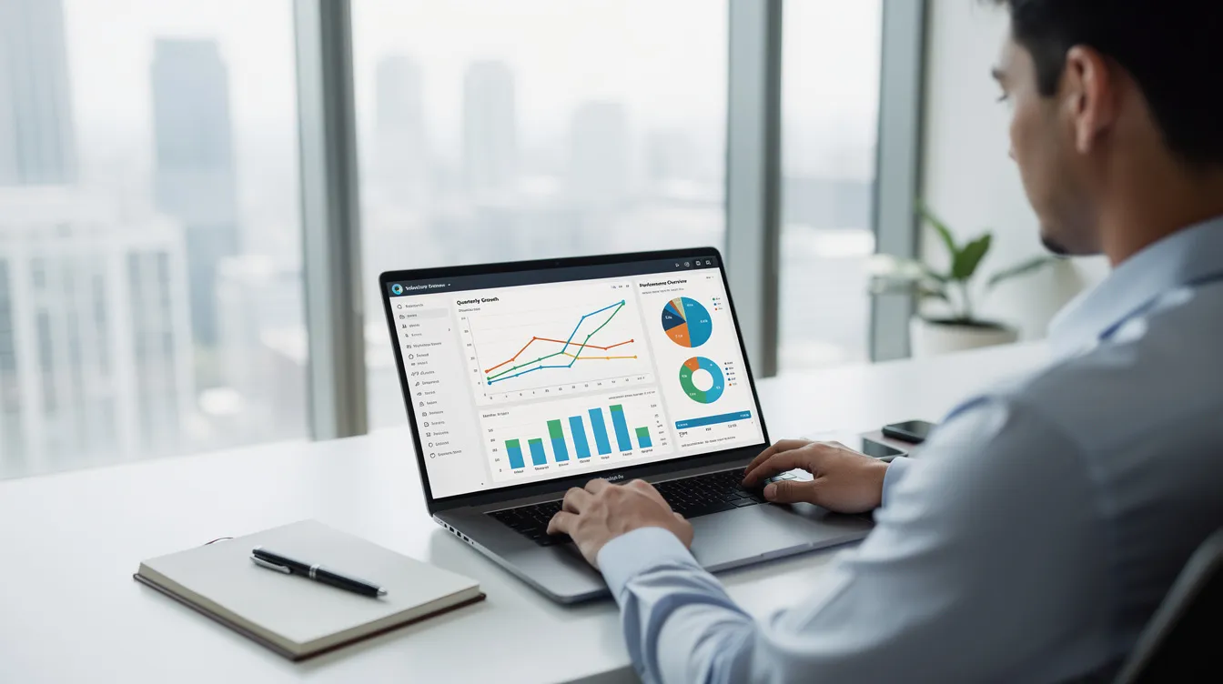 A person is seated at a desk in a bright office, focused on their laptop displaying various analytics charts that illustrate search engine optimization metrics. This scene highlights the importance of local SEO services for Ocala businesses looking to improve their online visibility and attract potential customers.