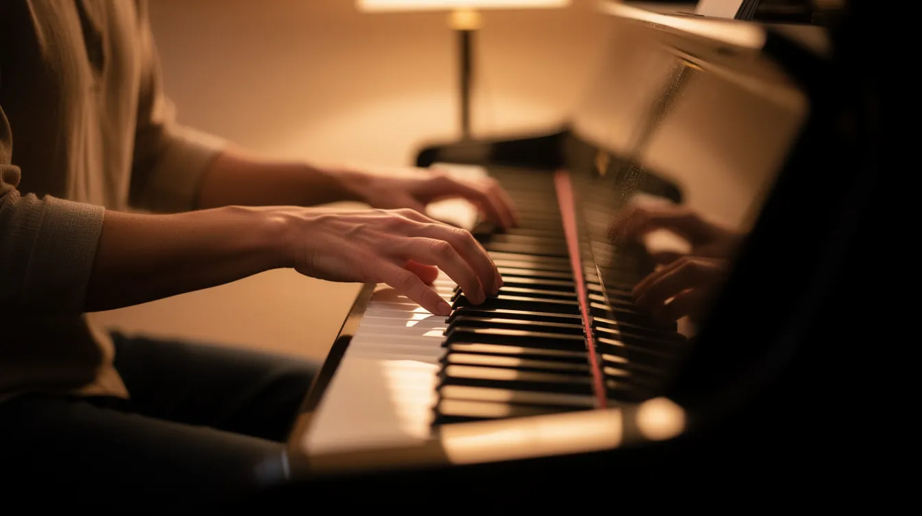 Eine Person sitzt am Klavier und übt mit beiden Händen verschiedene Töne, während warmes Licht sanft auf die Tasten fällt. Der Spieler konzentriert sich auf die Klänge von C-Dur-Akkorden und anderen harmonischen Strukturen.