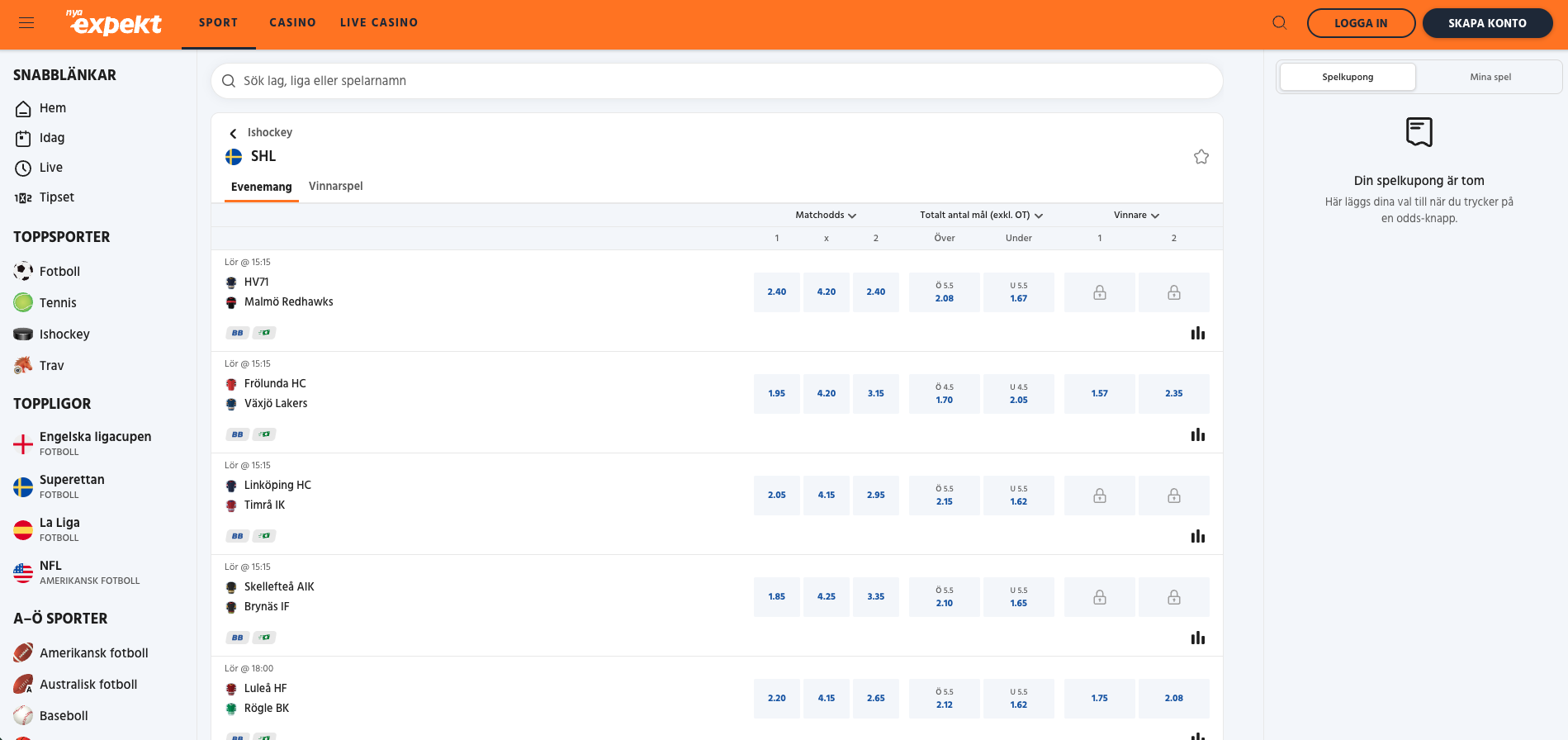expekt SHL betting