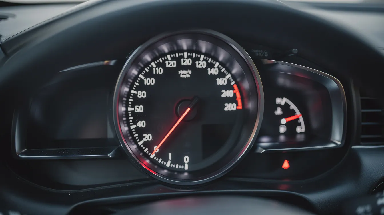 The image shows a car's speedometer with the needle indicating a high speed, surpassing the typical limits, which may lead to traffic violations such as a speeding ticket. This situation can have serious consequences for your driving record, including potential license suspension and increased insurance rates.