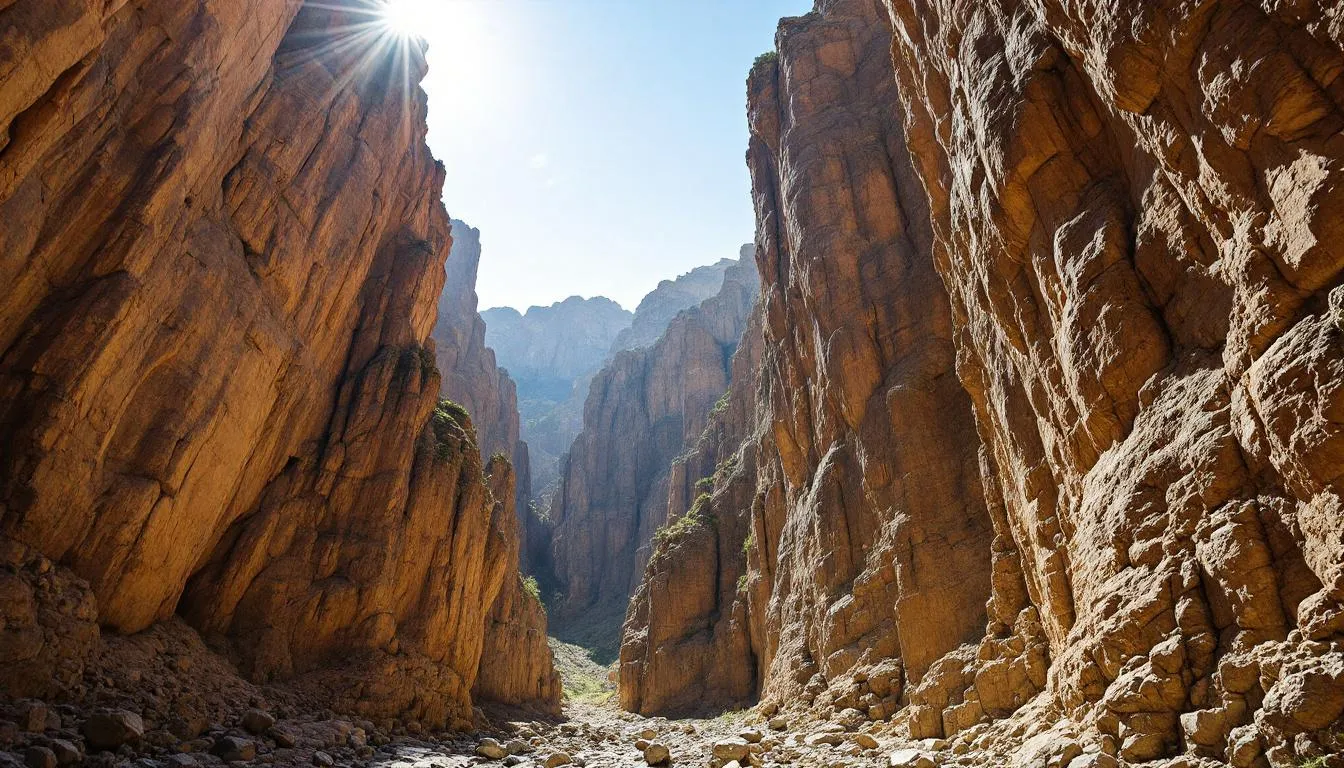 The image depicts dramatic limestone cliffs soaring above a narrow canyon floor, showcasing the breathtaking natural beauty of the landscape. This scene could be part of a memorable desert tour from Fes to Marrakech, highlighting the stunning geological formations found in Morocco's diverse regions.