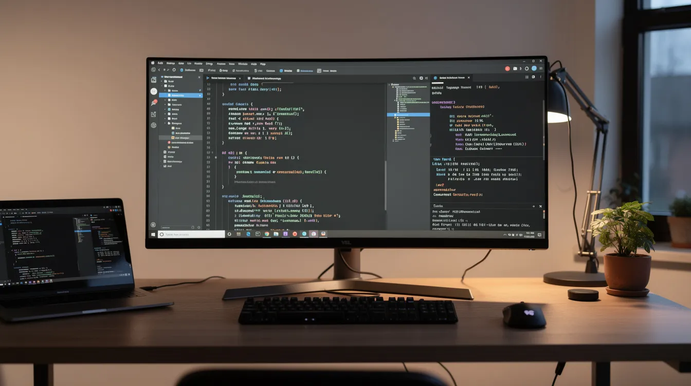 The image depicts a modern developer workspace featuring a wide monitor with a code editor open in split panes, displaying both code and terminal commands. This setup highlights the efficiency of tools like VS Code for writing code, enabling streamlined coding tasks and code reviews.