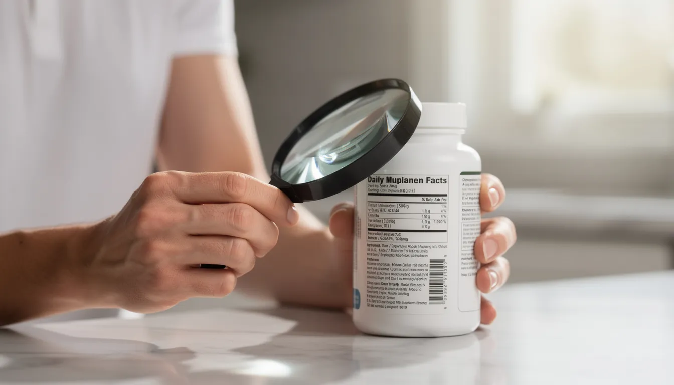 A person is closely examining the label of a supplement bottle with a magnifying glass, likely looking for details about the active ingredient, nicotinamide mononucleotide (NMN), and its potential benefits for healthy aging and cellular energy production. This careful scrutiny reflects a growing interest in understanding the quality and dosage of NMN supplements for long-term wellness and longevity.