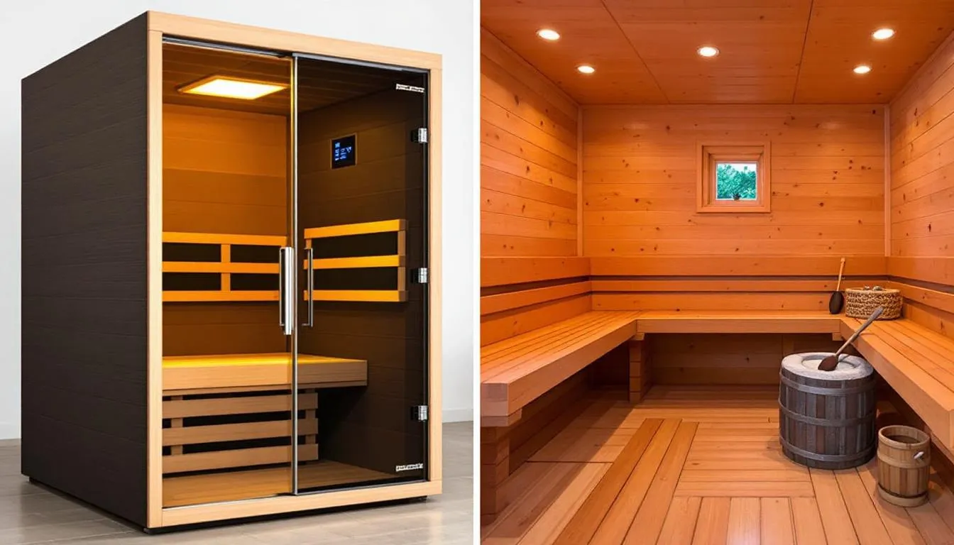 The image compares infrared saunas and traditional saunas, highlighting the differences in their heating methods and health benefits. Unlike traditional saunas that use dry heat, infrared saunas utilize infrared light to directly warm the body, offering therapeutic benefits such as improved circulation, pain relief, and stress relief during sauna sessions.
