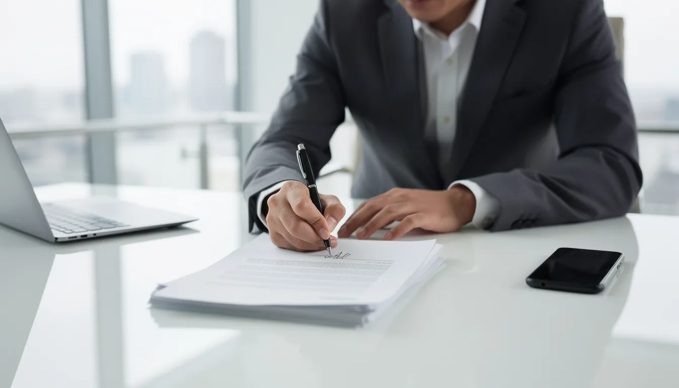 Na zdjęciu w nowoczesnym biurze profesjonalista biznesowy podpisuje dokumenty, co może dotyczyć umowy faktoringowej lub regulowania zobowiązań wobec dostawców. W tle widać eleganckie meble biurowe, co podkreśla atmosferę profesjonalizmu i stabilności finansowej.