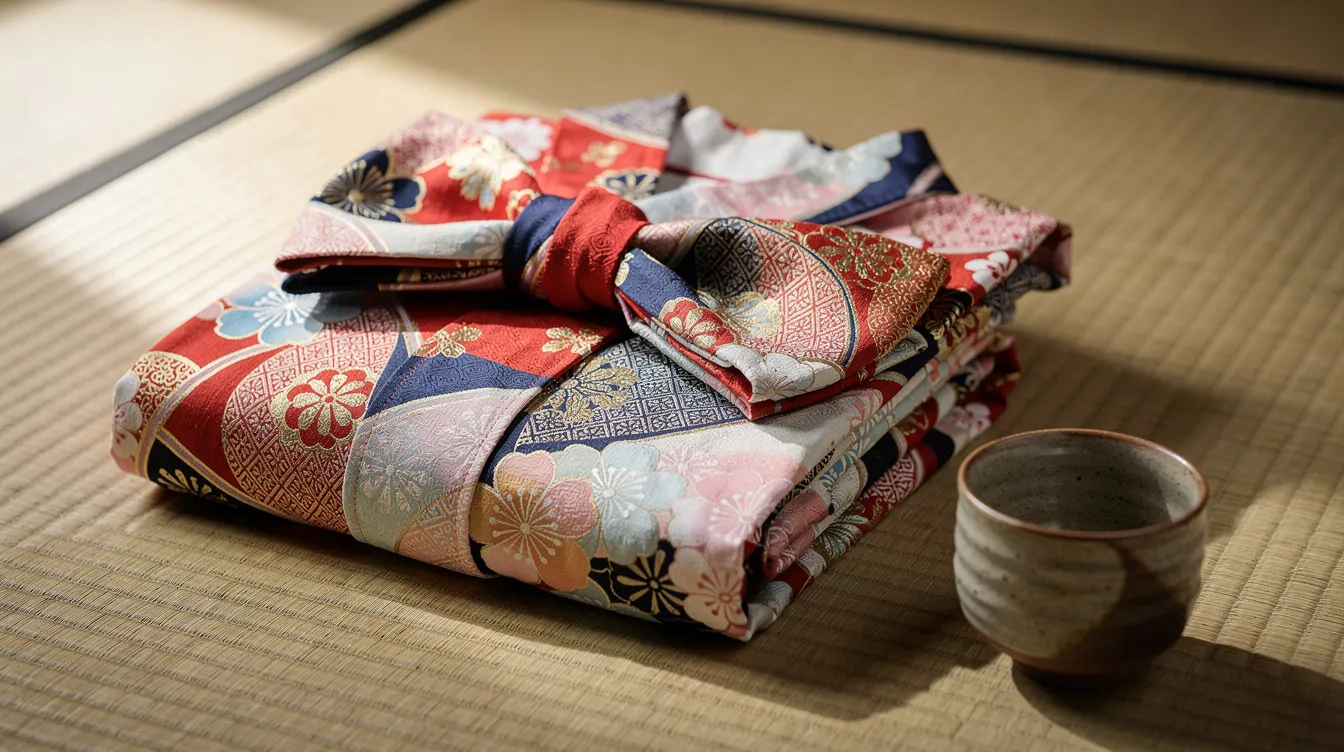 A vibrant folded yukata, accompanied by a decorative pre-tied obi, is neatly arranged on a tatami mat beside a small ceramic tea cup, showcasing elements of traditional Japanese culture often found in a ryokan. This setting reflects the serene ambiance of a guest room in an onsen ryokan, inviting guests to relax and embrace the ryokan etiquette.