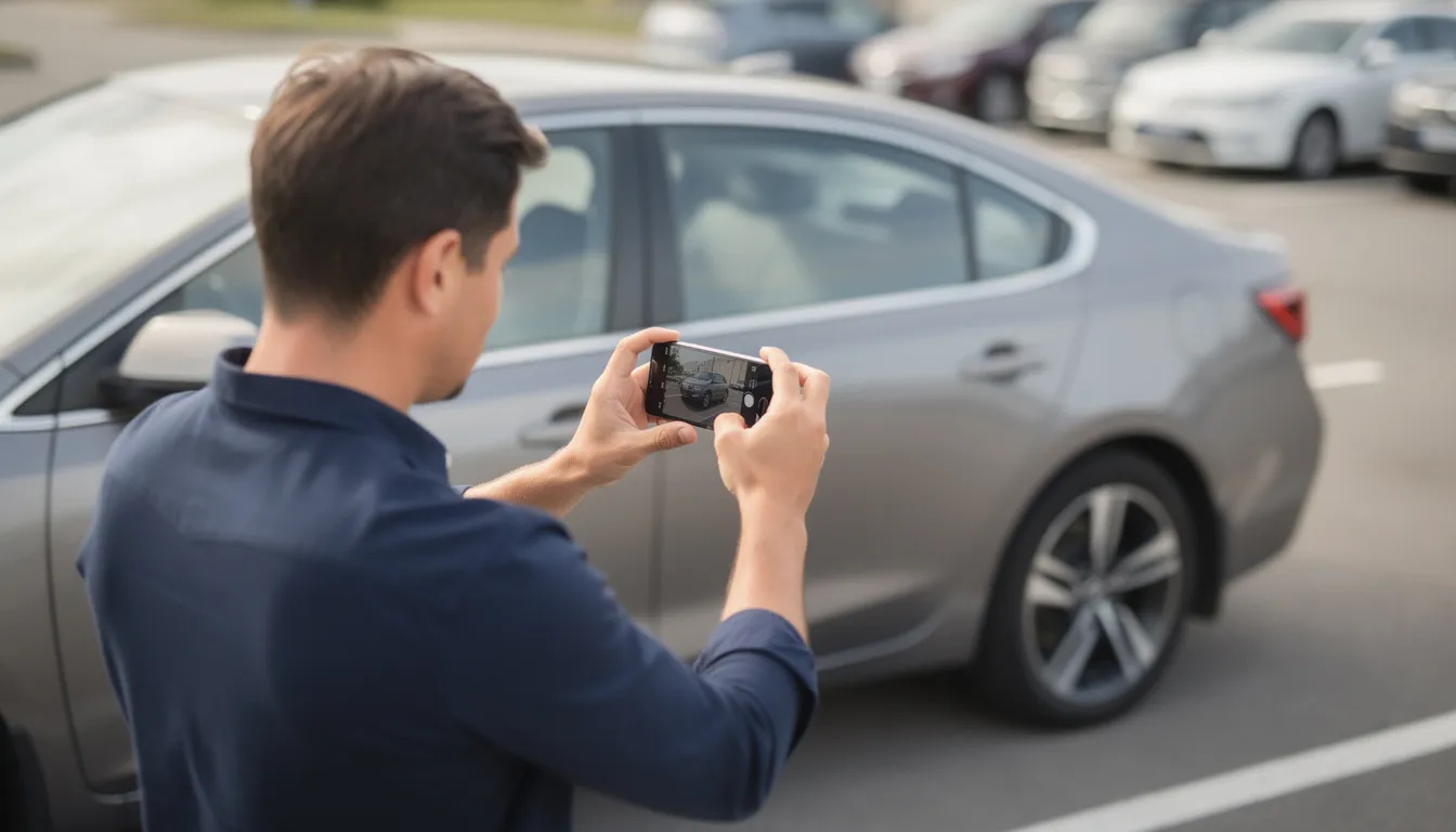 Une personne utilise son smartphone pour prendre des photos d'une voiture de location afin de documenter l'état du véhicule chez Virtuo. L'image montre le véhicule sous un angle qui met en évidence son apparence, ce qui est essentiel pour les clients lors de la location d'une voiture.
