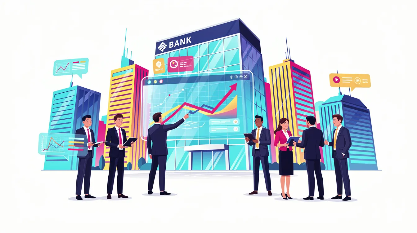 Das Bild zeigt eine lebendige und farbenfrohe Illustration, die für ein Erklärvideo einer großen Bank geeignet ist. Die dynamischen Elemente und der moderne Stil vermitteln eine klare Botschaft über innovative Lösungen und die Nutzung von künstlicher Intelligenz in der Unternehmenswelt.