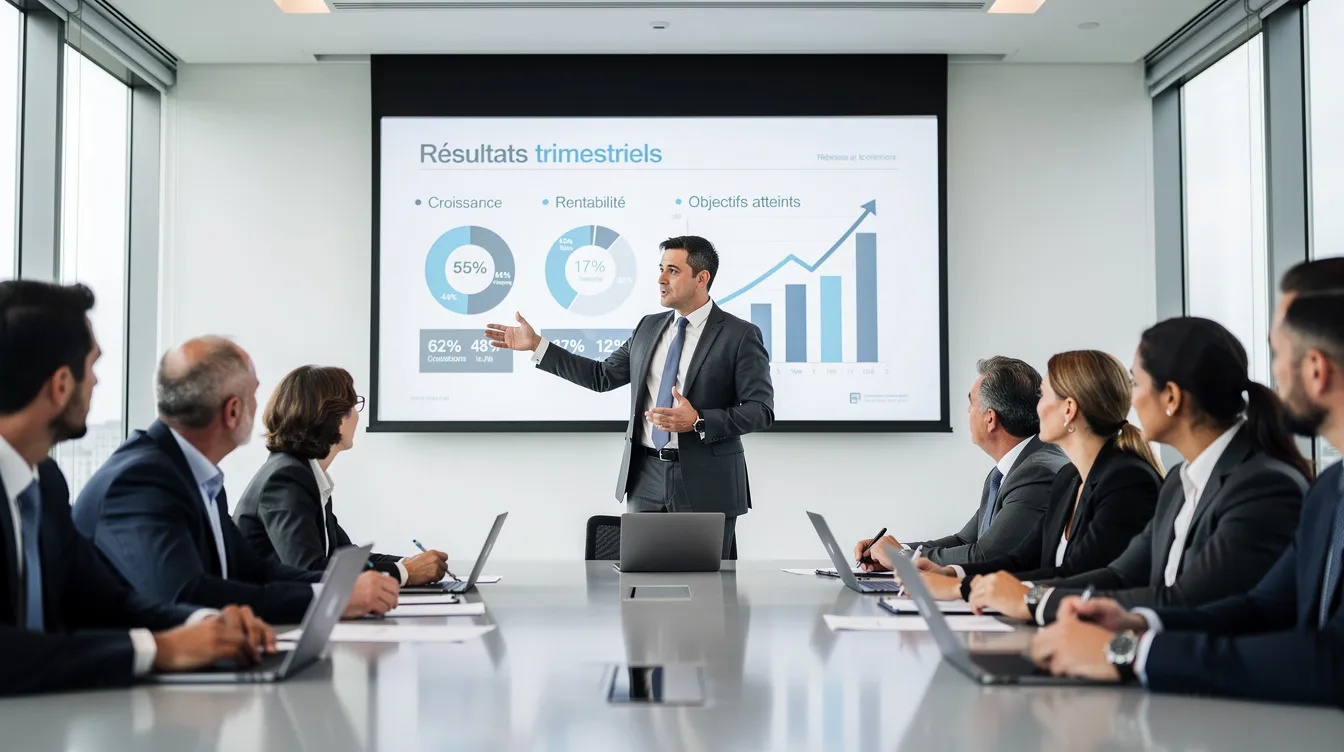 Un manager présente des résultats concrets sur un écran lors d'un atelier avec son équipe de direction, mettant en avant les techniques de vente et les étapes du processus de vente pour améliorer la performance commerciale. L'atmosphère est collaborative, avec des échanges sur les attentes et les stratégies pour conclure la vente.