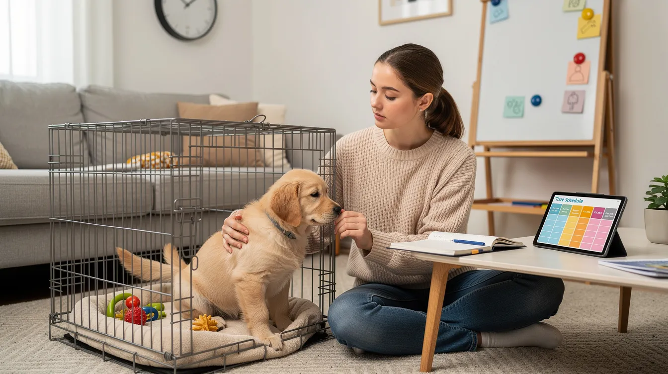 The image depicts a cozy crate set up for a young puppy, complete with a favorite toy and a food dish, illustrating a safe and comfortable space for crate training. A daily crate schedule is subtly suggested through the arrangement, emphasizing the importance of potty breaks, playtime, and rest periods in the puppy's daily routine.