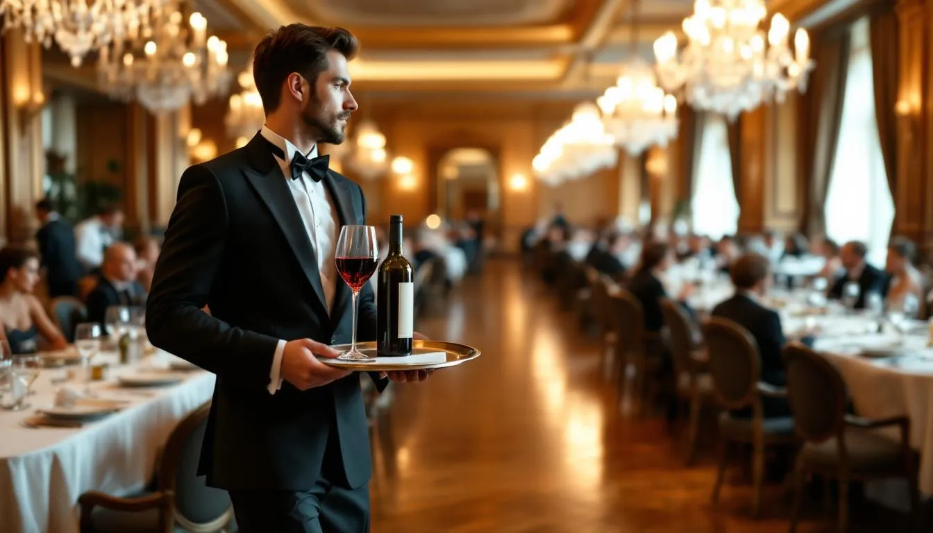 Professional waitstaff at a banquet serving elegant bites like Parma ham and olive skewers. Guests are enjoying the event, highlighting the vibe of a catering party in Warsaw.