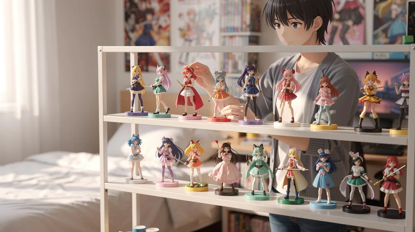 A collector is carefully arranging a curated collection of authentic anime figures on a clean display shelf, showcasing a great variety of characters from popular series like Dragon Ball and One Piece. Each figure is in perfect condition, reflecting the collector's love for anime and manga.