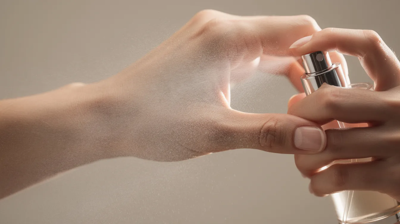 Eine Nahaufnahme zeigt eine Hand, die Parfum auf das Handgelenk sprüht, während ein feiner Sprühnebel sichtbar ist. Diese Szene verdeutlicht die Anwendung von Eau de Parfum oder Eau de Toilette und die Freude am Duft.