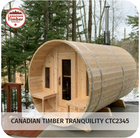 This is a wood burning Tranquility Outdoor sauna also known as a barrel sauna with a back wall and windows perfect for your backyard.