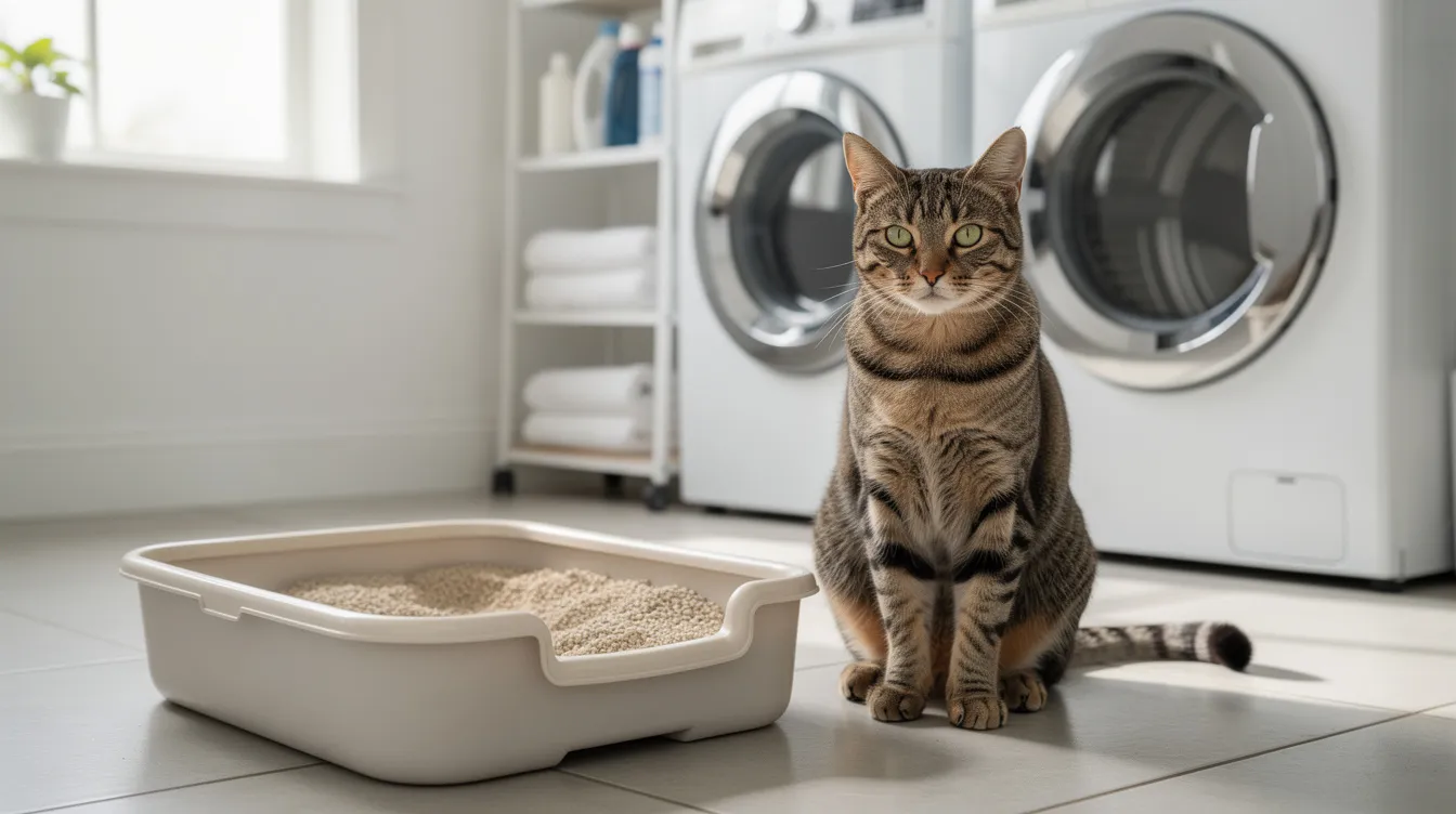A tabby cat sits beside a clean, well-maintained litter box in a bright laundry room, showcasing the importance of a fresh litter environment for odor control and the well-being of pets. The clean litter box indicates regular cleaning practices, essential for keeping the area pleasant for the cat.