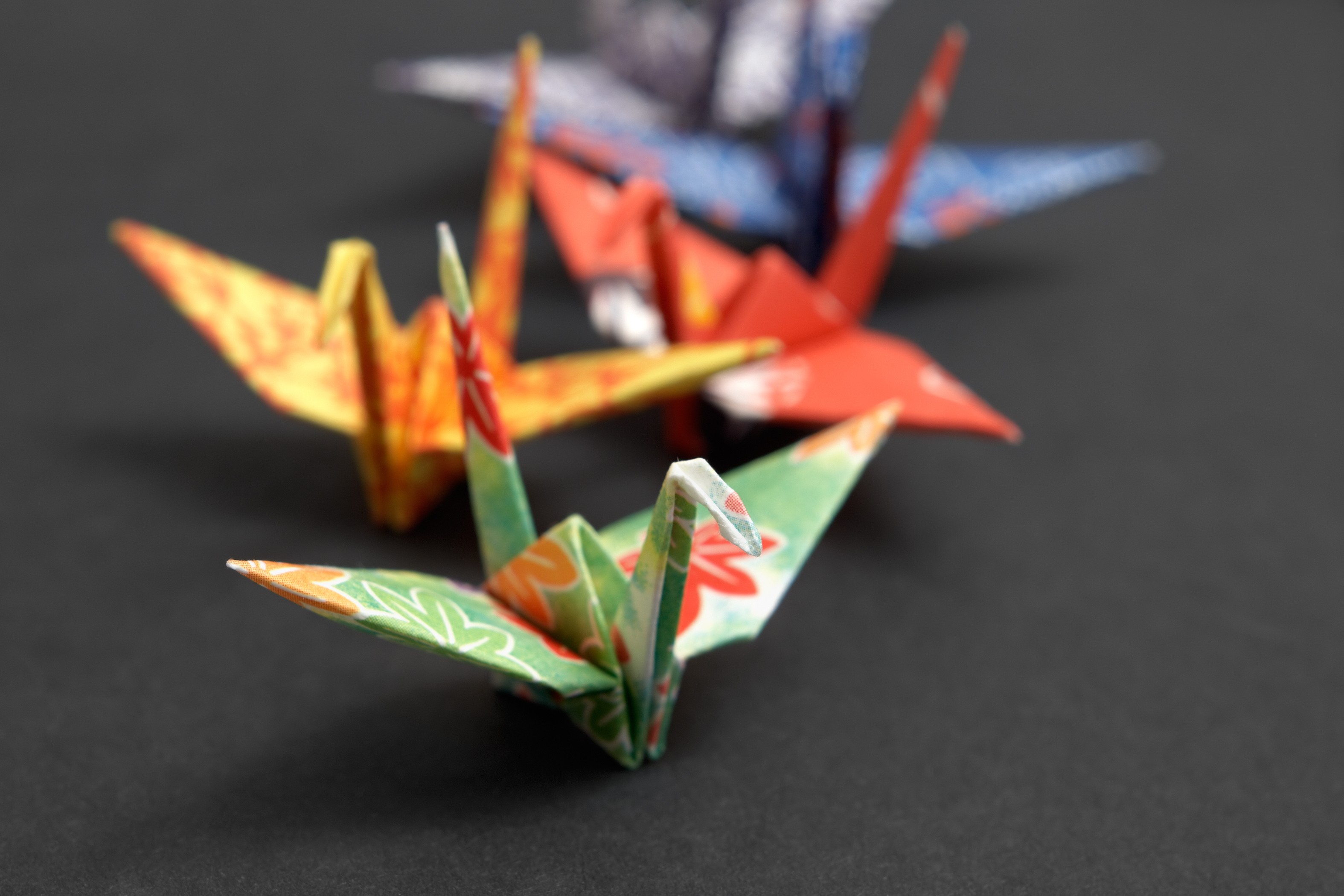 Origami paper cranes with Japanese pattern