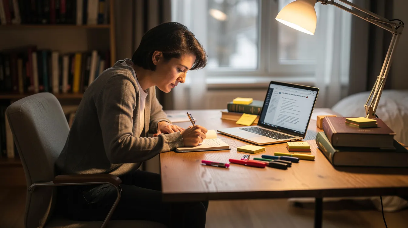 The image depicts a person focused on taking notes while studying at a desk, surrounded by books and materials related to the FAA knowledge test for private pilots. This scene emphasizes the importance of understanding aeromedical factors and the principles of flight as part of effective test prep for aspiring recreational pilots.