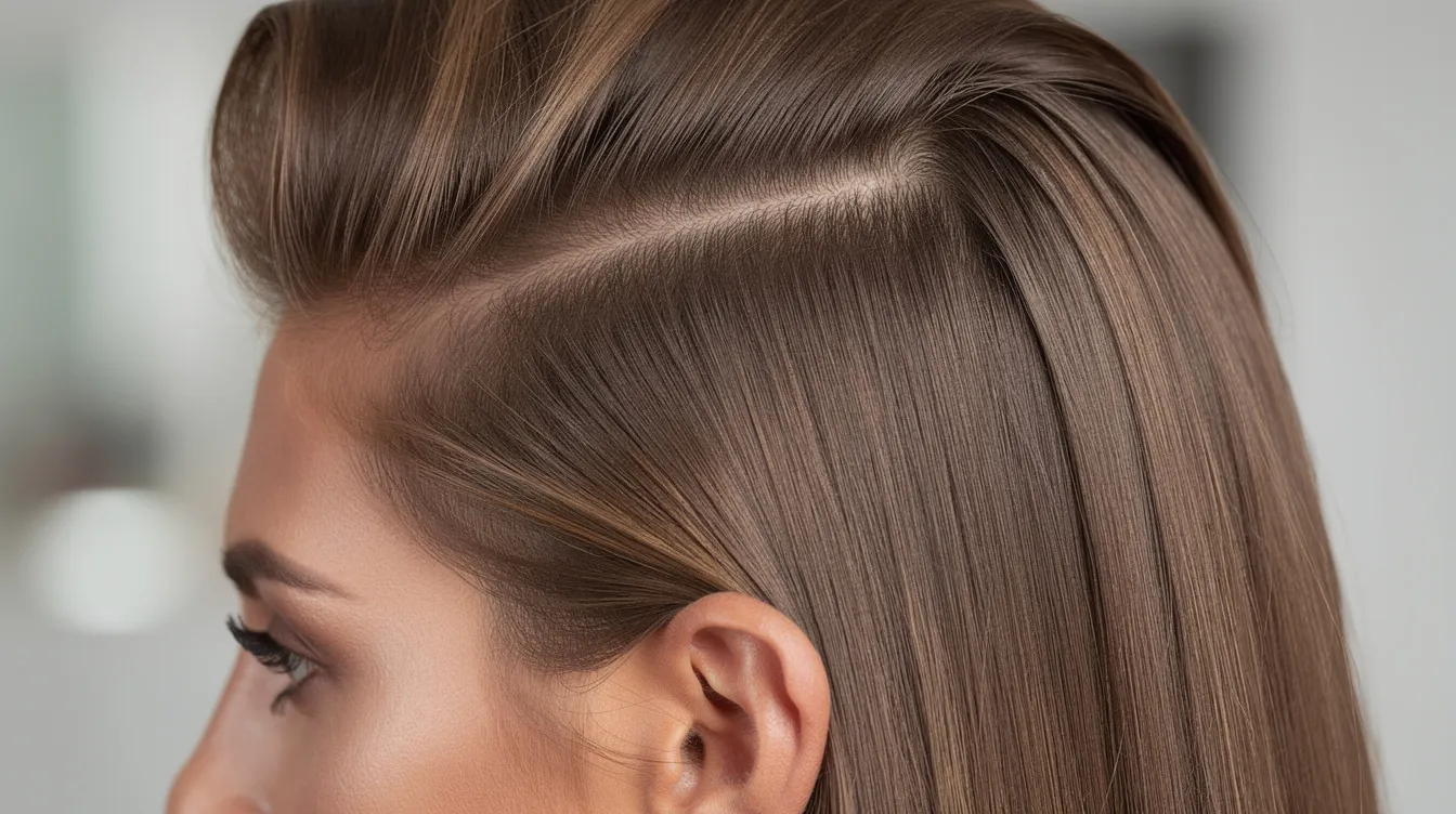 A close-up side view of a woman's hair reveals voluminous root lift and smooth ends, showcasing the effects of a professional hair dryer or hot air brush. The hair appears shiny and well-styled, demonstrating the benefits of using a volumizer for added volume and a sleek finish.